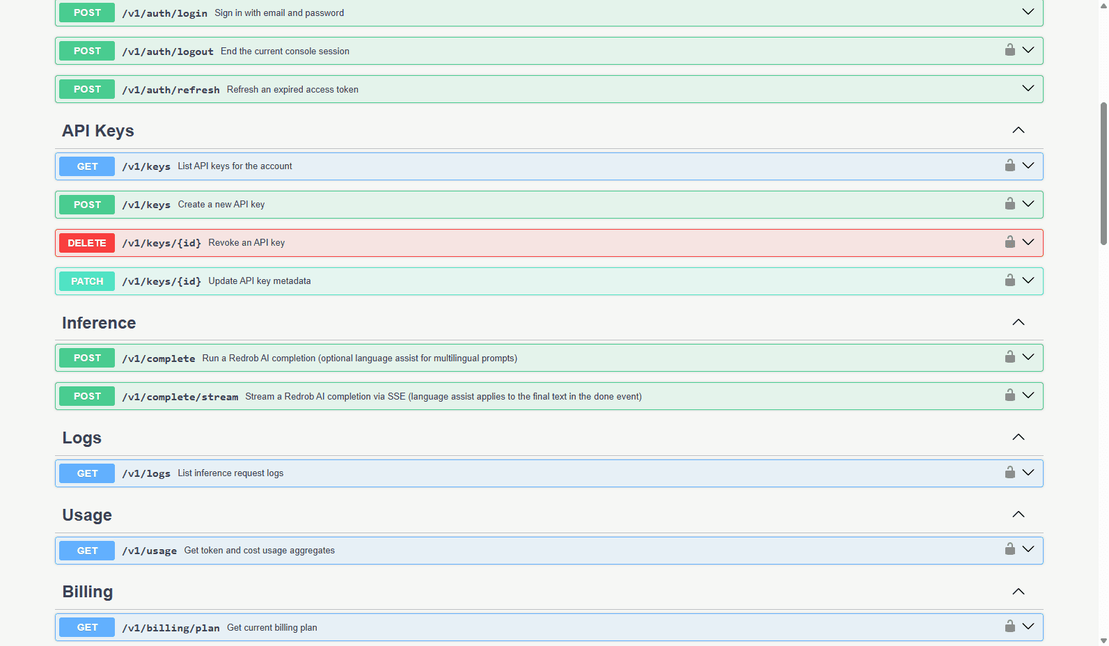 Redrob Console API docs showing keys and routed inference endpoints