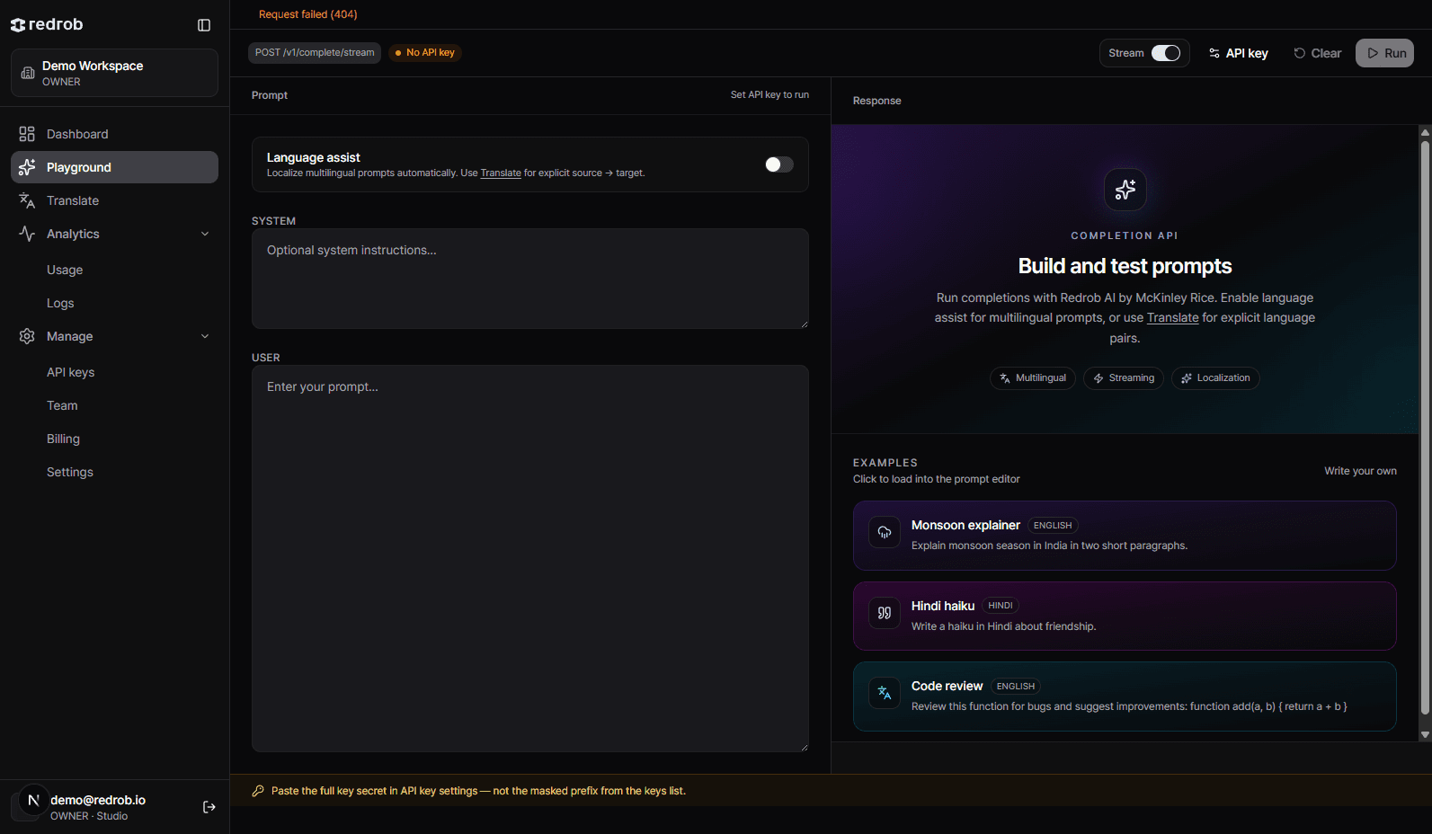 Redrob Console playground with routed completion and language assist