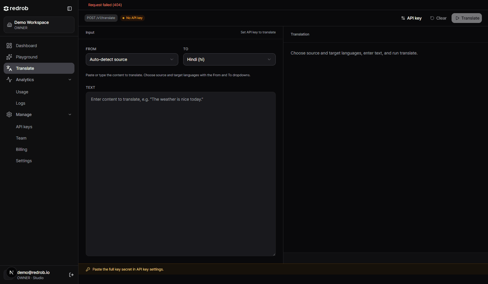 Redrob Console Translate with auto-detect source and Hindi target