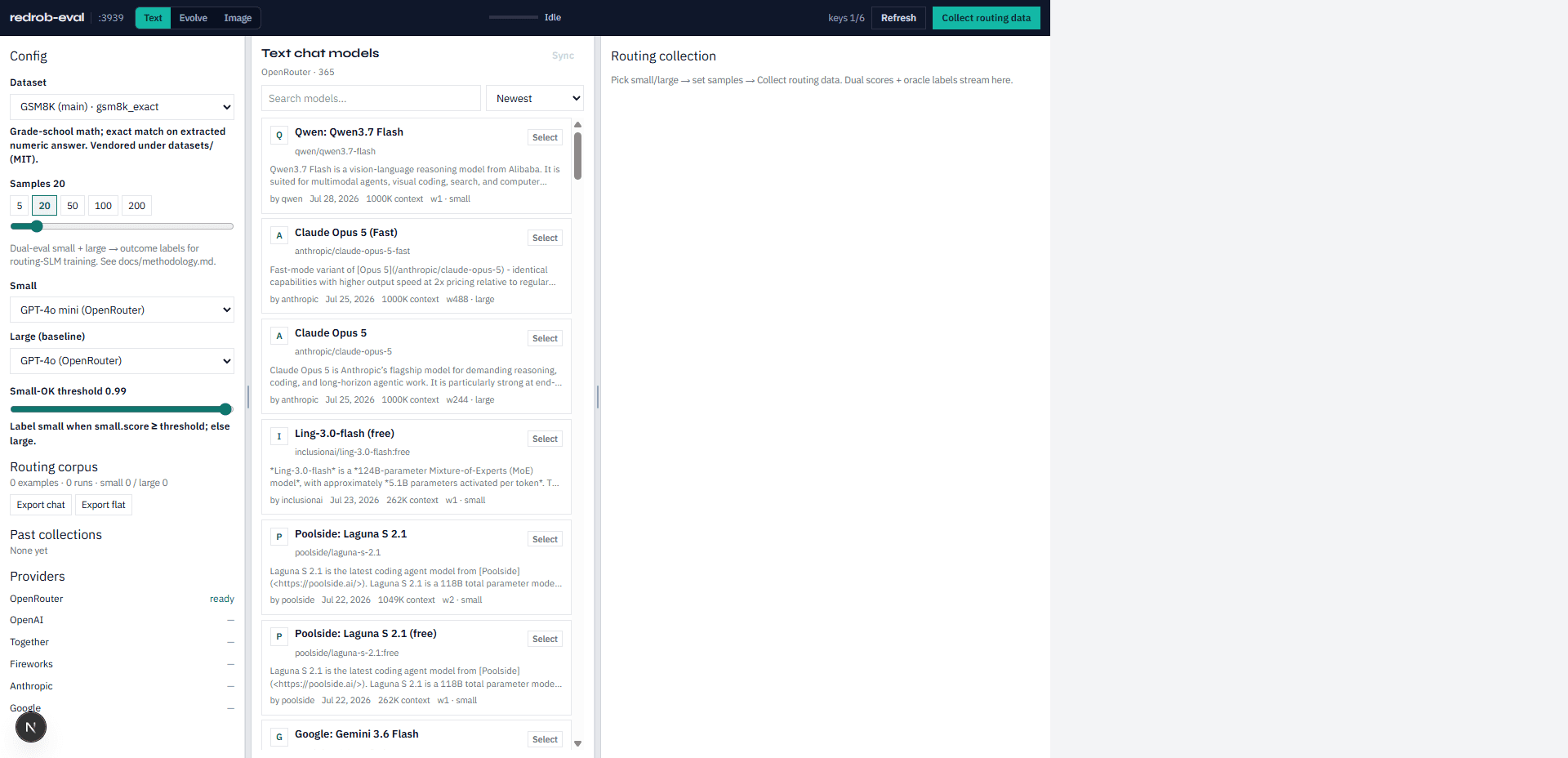 redrob-eval Text mode with dataset config and dual-model routing collection