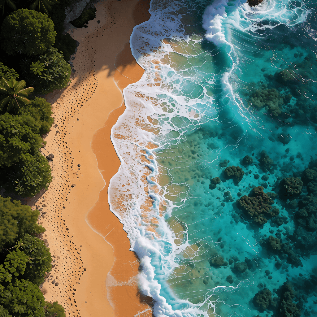 Aerial top-down beach with golden sand, green coast, and turquoise surf