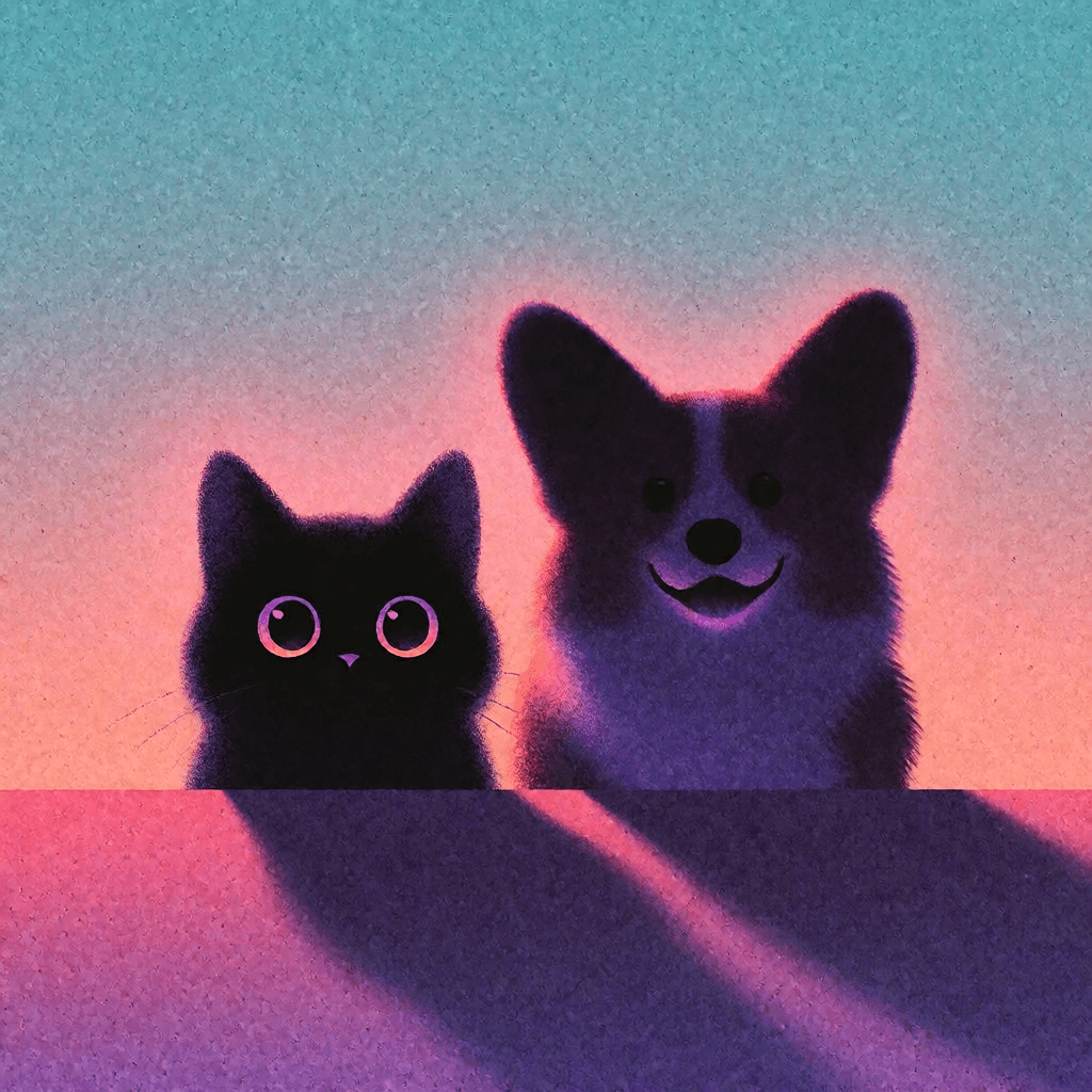 Grumpy black cat and smiling corgi silhouettes over a sunset ledge