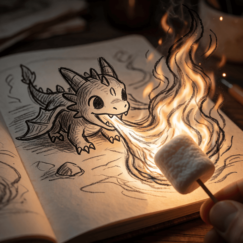 Chibi charcoal dragon crawling off a notebook sketch toward a marshmallow