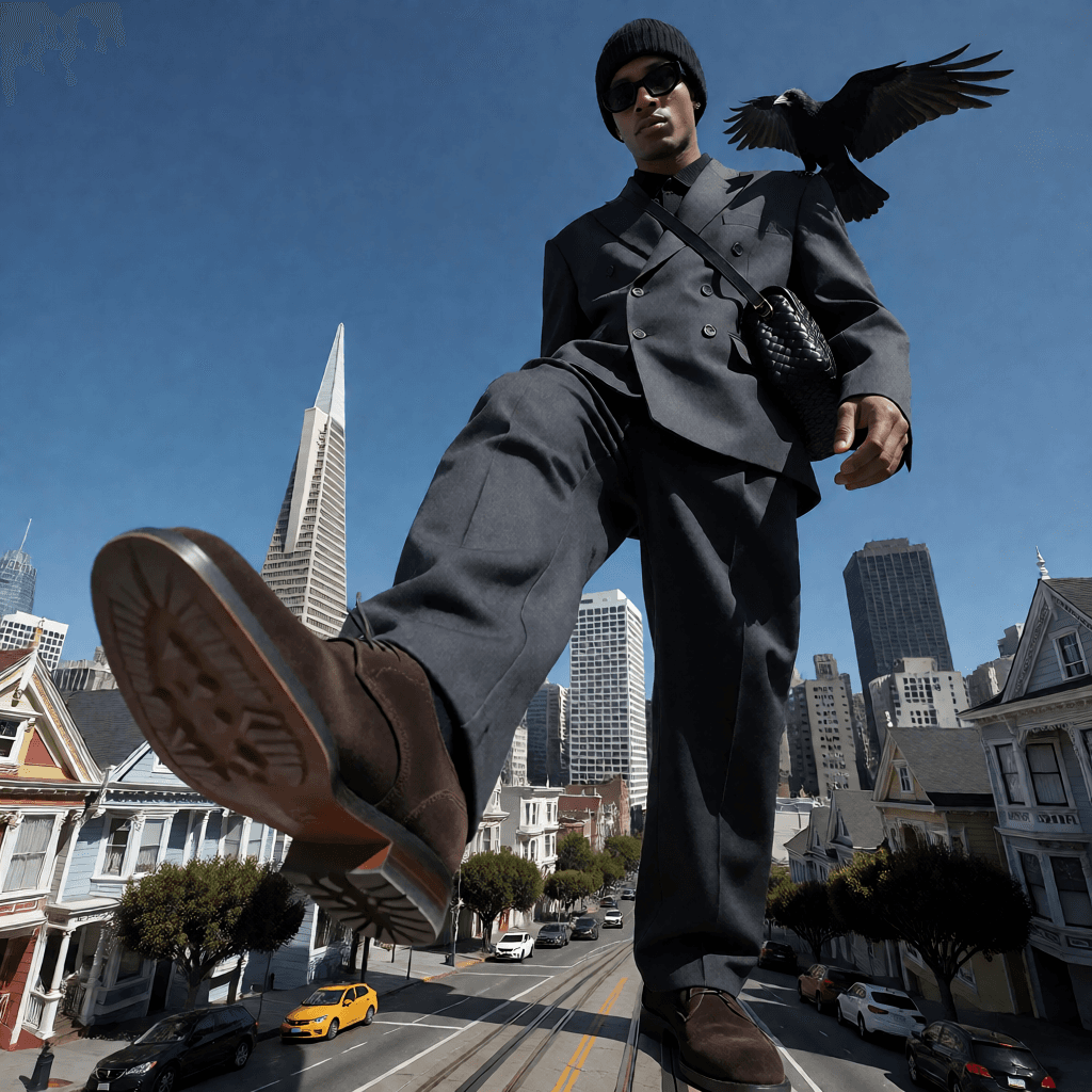 Giant figure in a suit striding over a miniature San Francisco cityscape