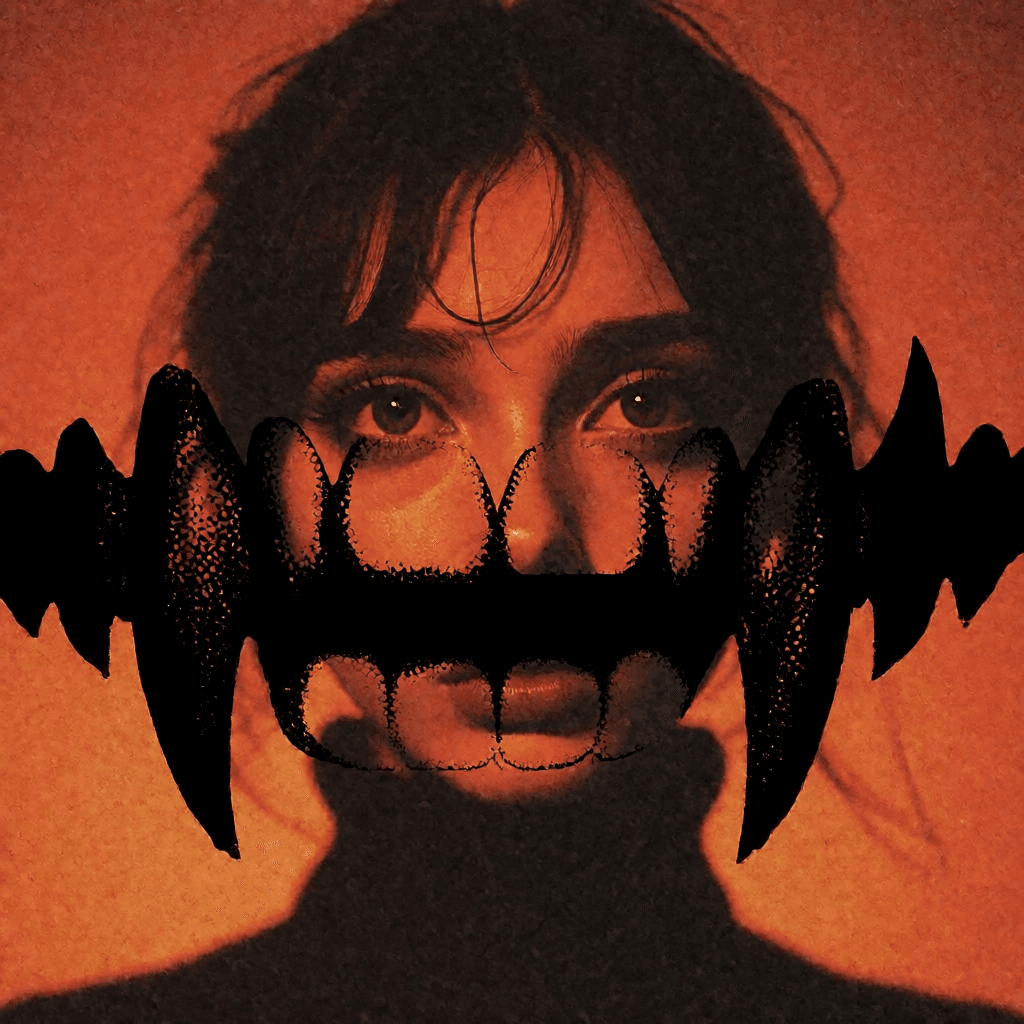 Magazine cover with a face half-hidden behind jagged black teeth on orange
