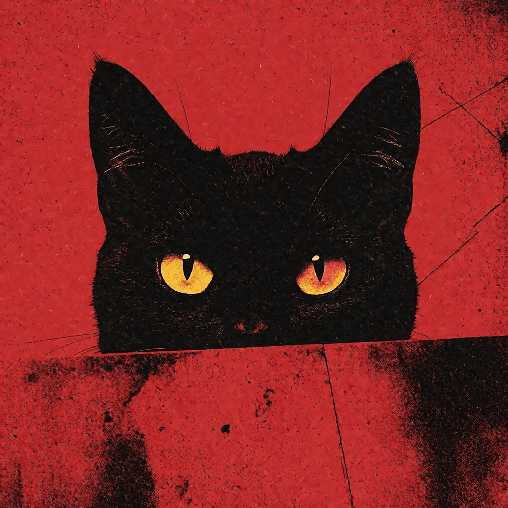 Black cat silhouette with yellow eyes against a textured crimson poster field