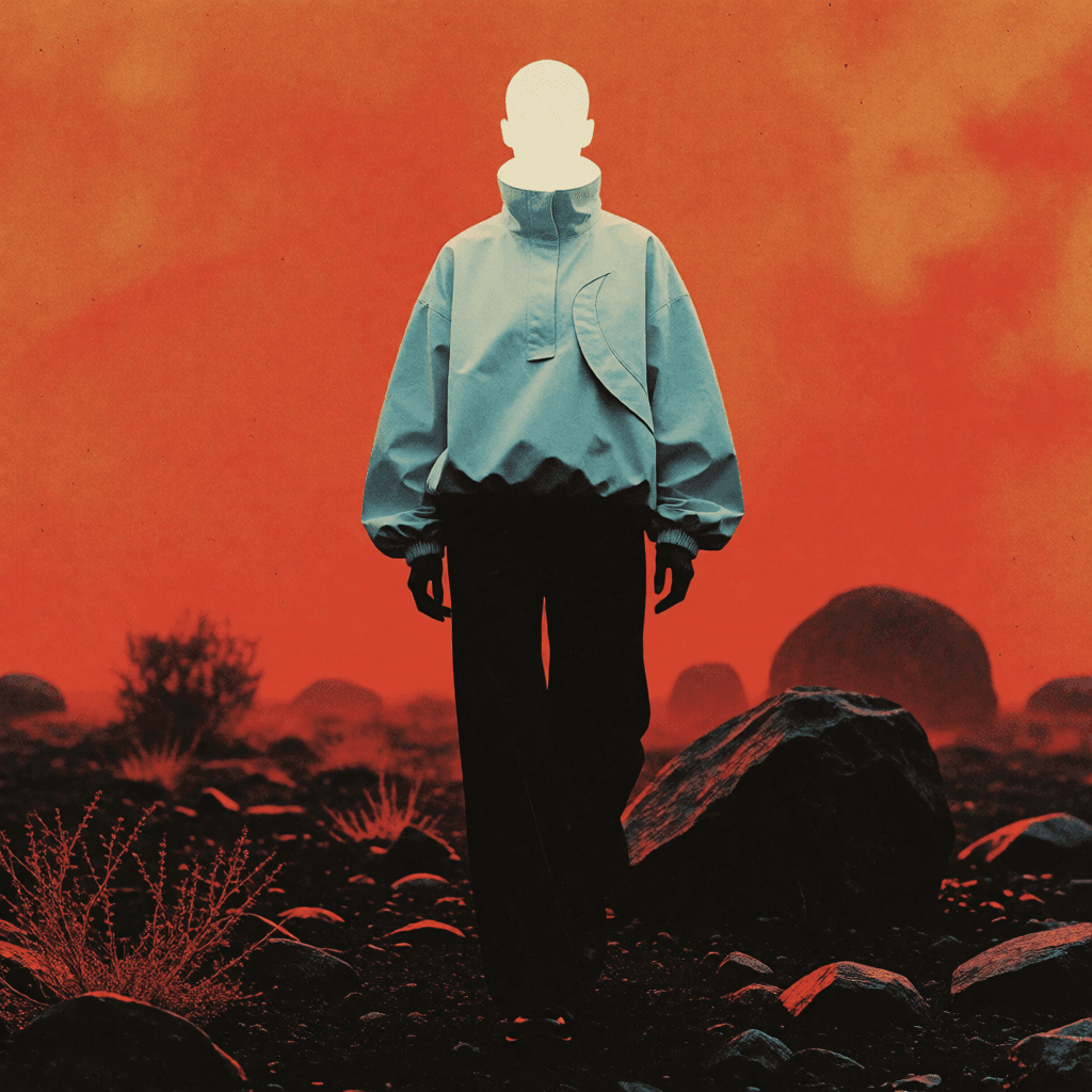 Figure under a saturated red sky with a featureless white head
