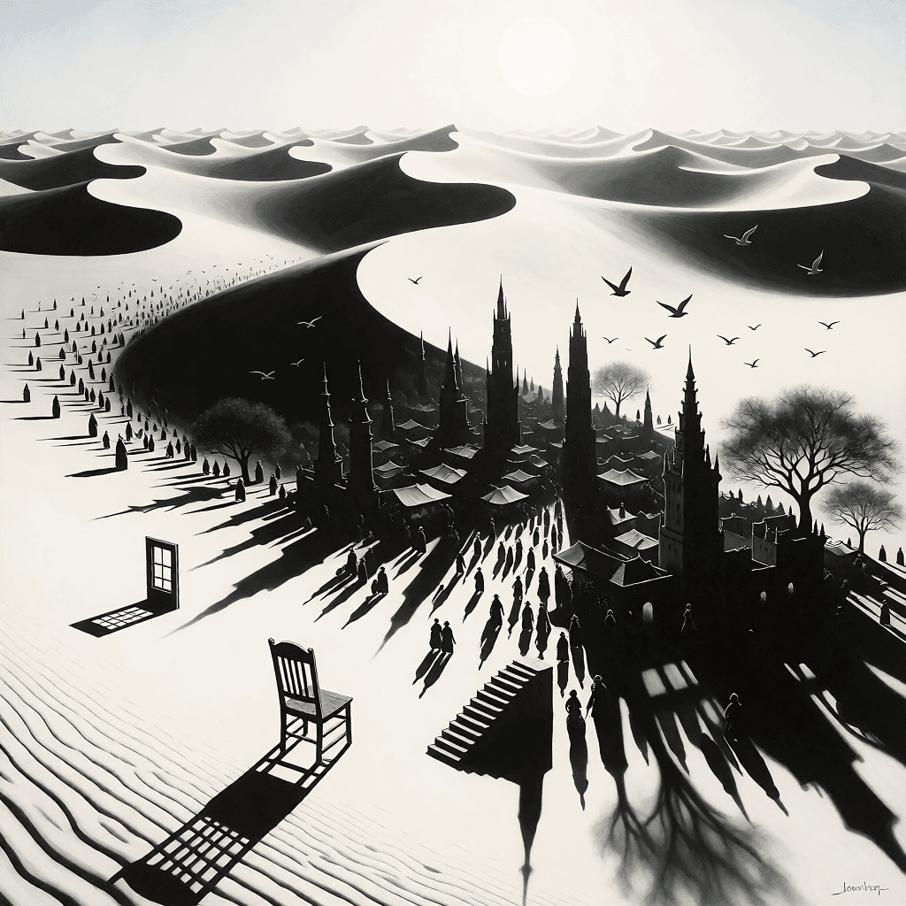 Surreal white desert with shadow cities under midday sun