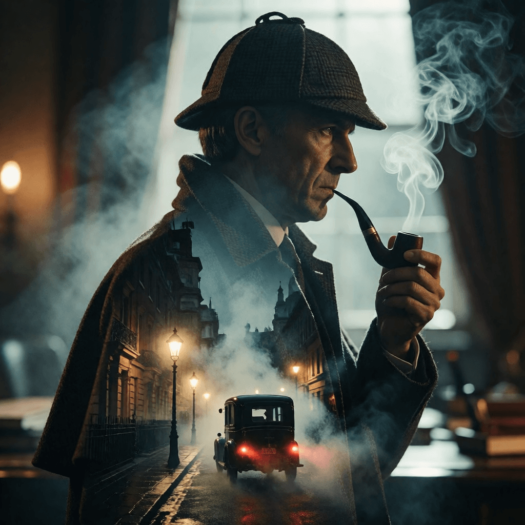 Double-exposure Sherlock Holmes profile over foggy Victorian London