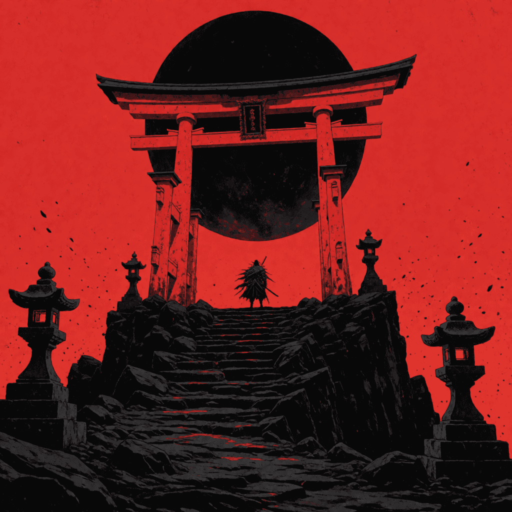 Colossal red torii gate with a silhouetted warrior under a crimson sky