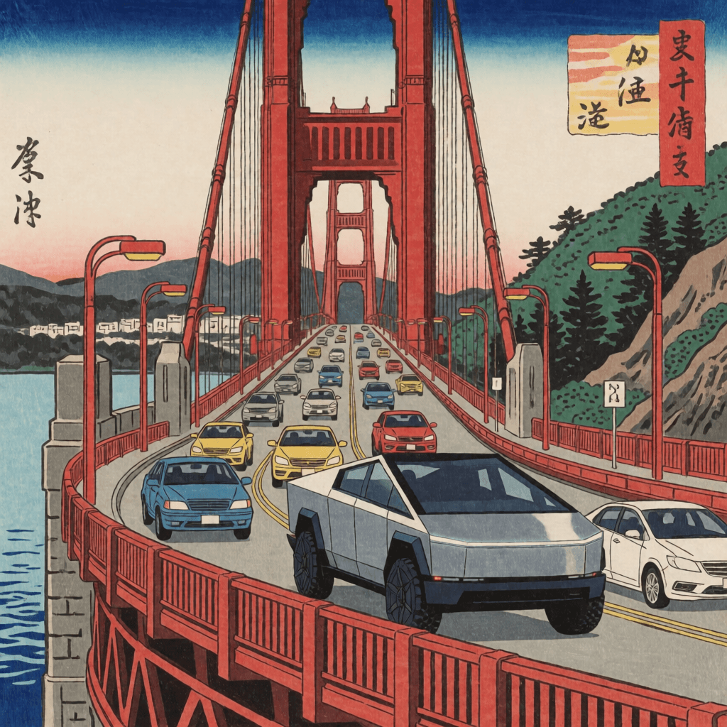 Ukiyo-e woodblock print of a Cybertruck on the Golden Gate Bridge
