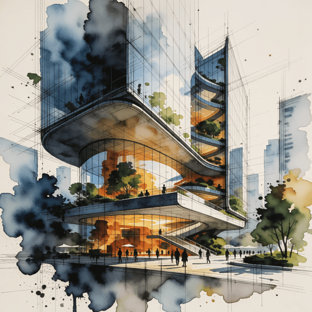 Contemporary architectural sanctuary blending blueprint linework with atmospheric concept art