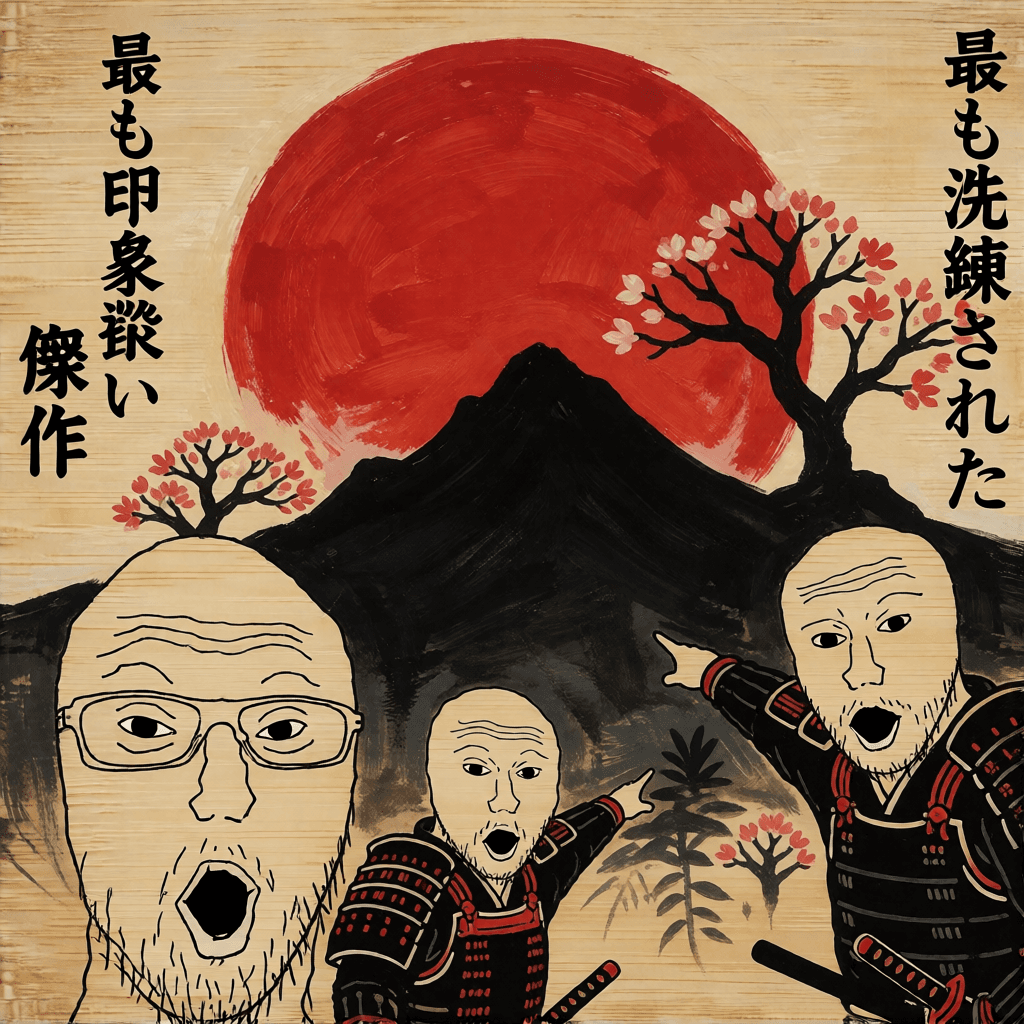 Japanese painting of wojak samurai pointing at Mount Fuji