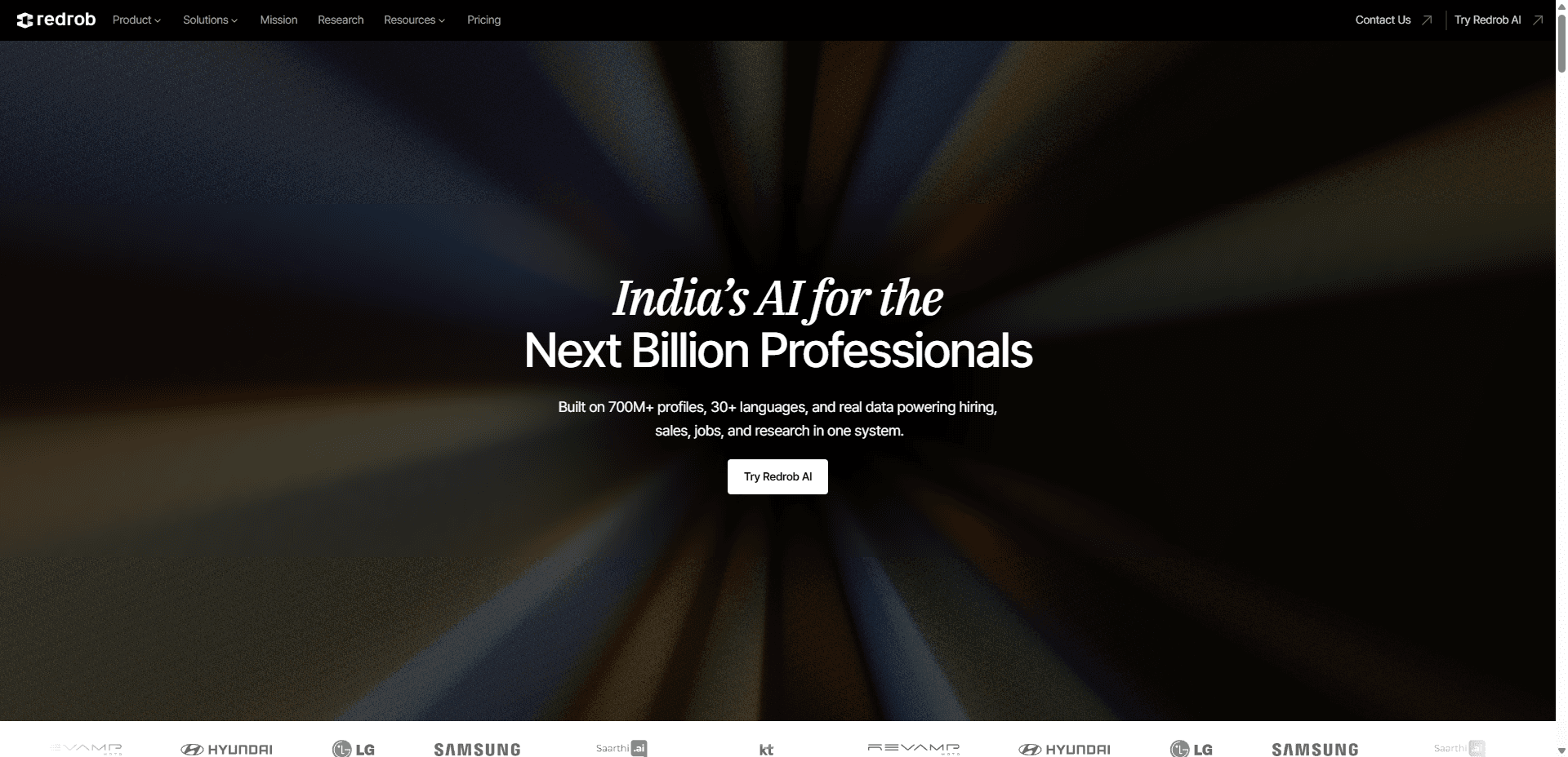 Redrob AI Chat product page hero with Try Redrob AI CTA