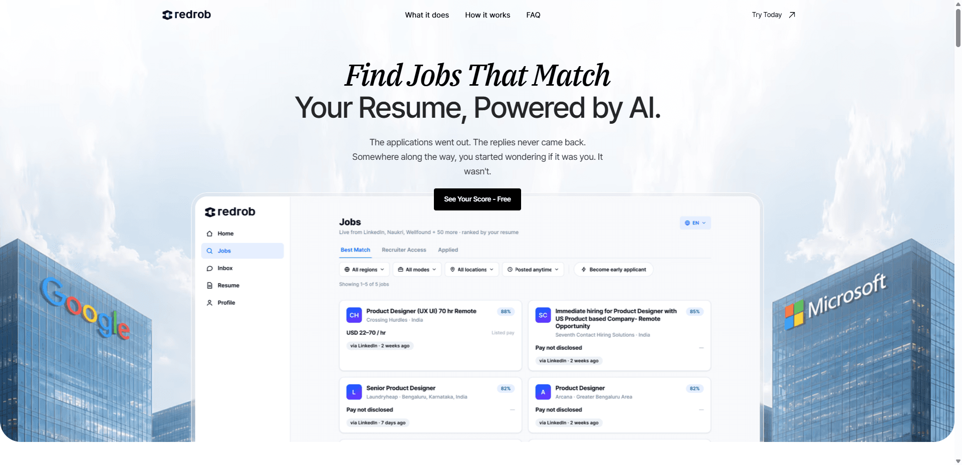Redrob Jobs marketing page with live jobs UI ranked by resume match