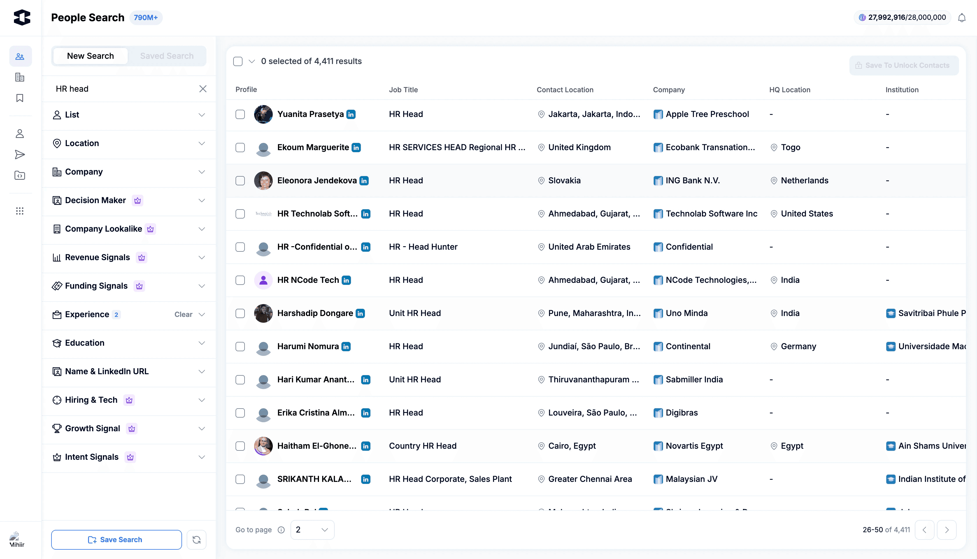 Redrob People Search results table with filters over professional profiles