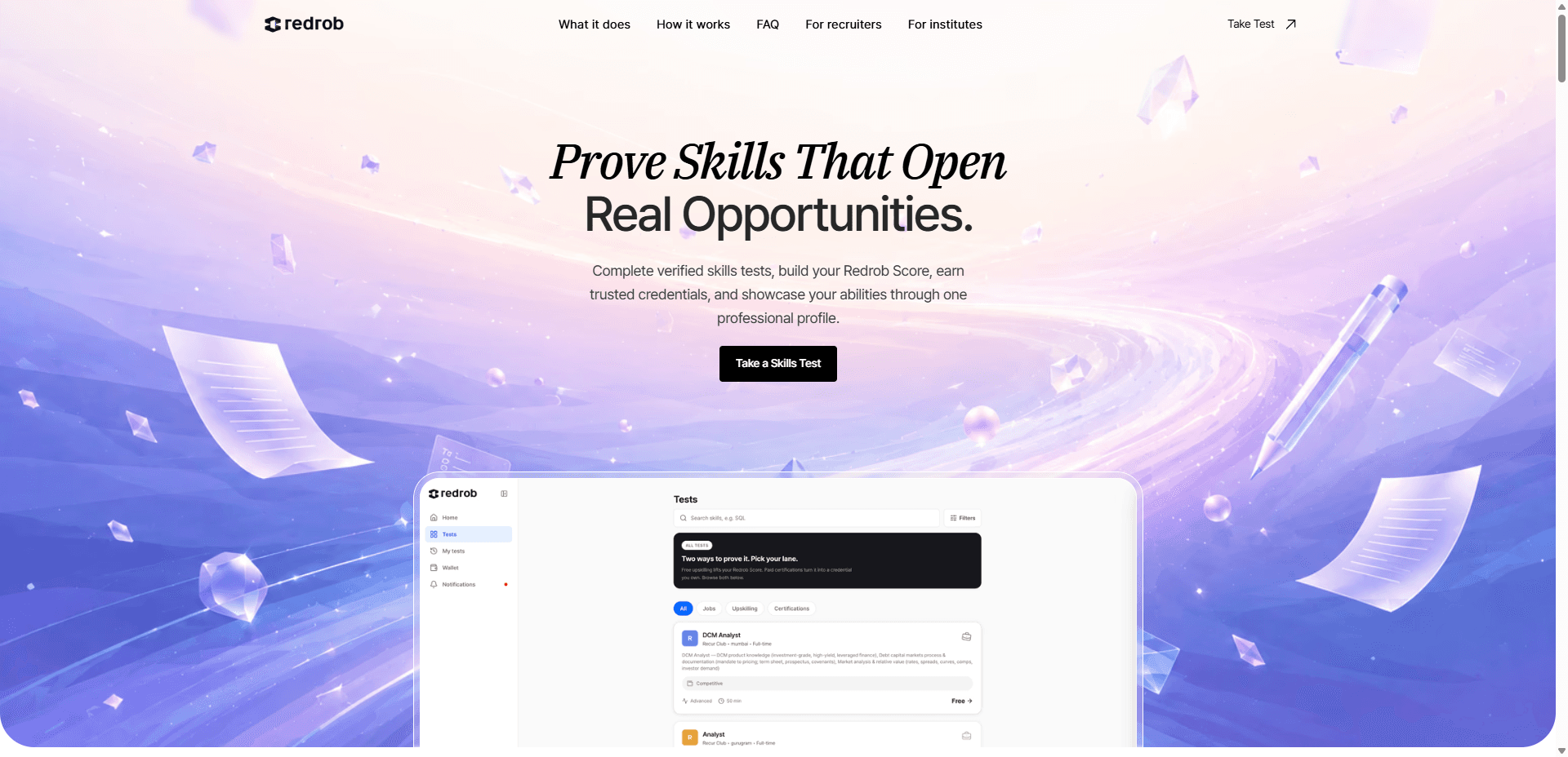 Redrob Skills marketing page with skills test catalog UI