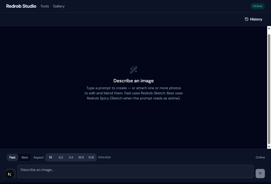 Redrob Studio Create screen with prompt field, Fast and Best modes, and aspect controls
