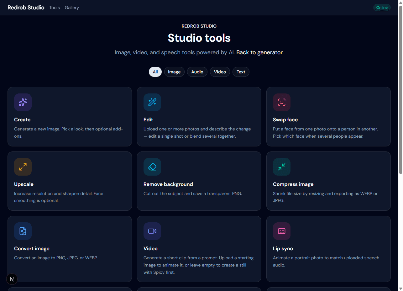 Redrob Studio tools catalog with Create, Edit, Video, and related cards